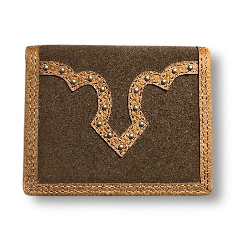 Justin Brown Genuine Leather Suede RFID Front Pocket Studded Slim Wallet Western